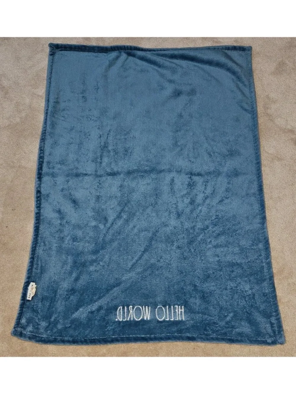 Rae Dunn Hello World Fleece Baby Blanket Blue White 28x40